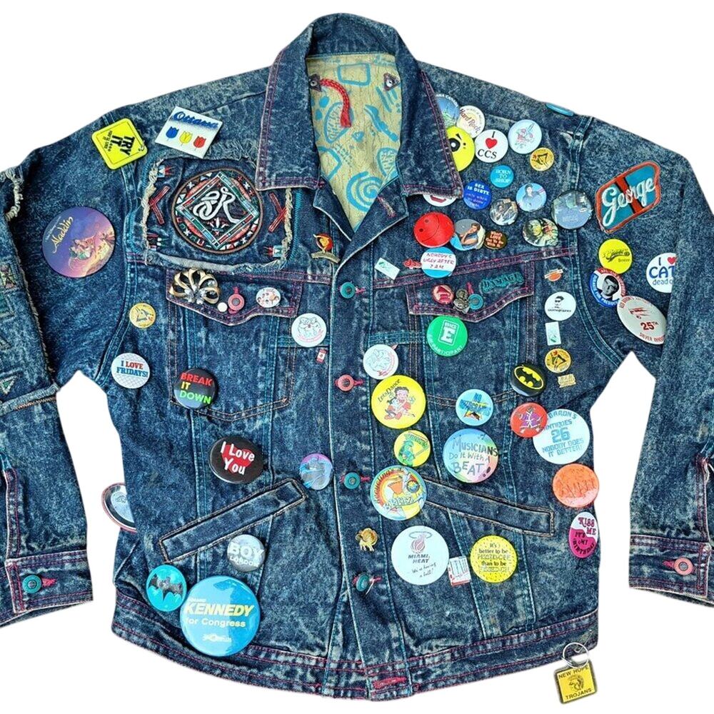 %Vintage Major Damage Jean Jacket Embroidered Buttons Y2K 80s 90s Men Large